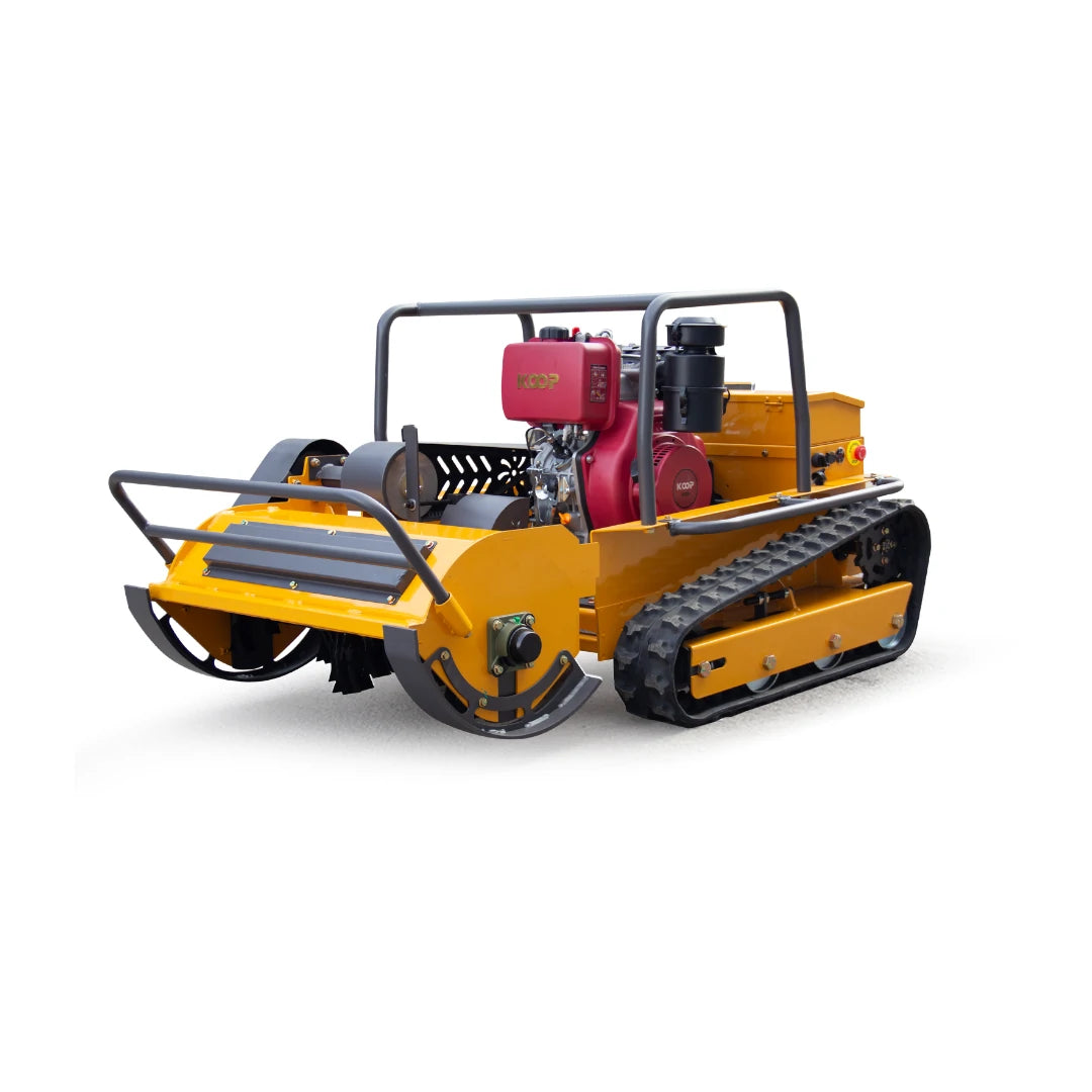 The DeepKron F80 rotary remote-controlled lawnmower is designed for tall, dense bushes, featuring a 22HP diesel engine and hybrid powertrain