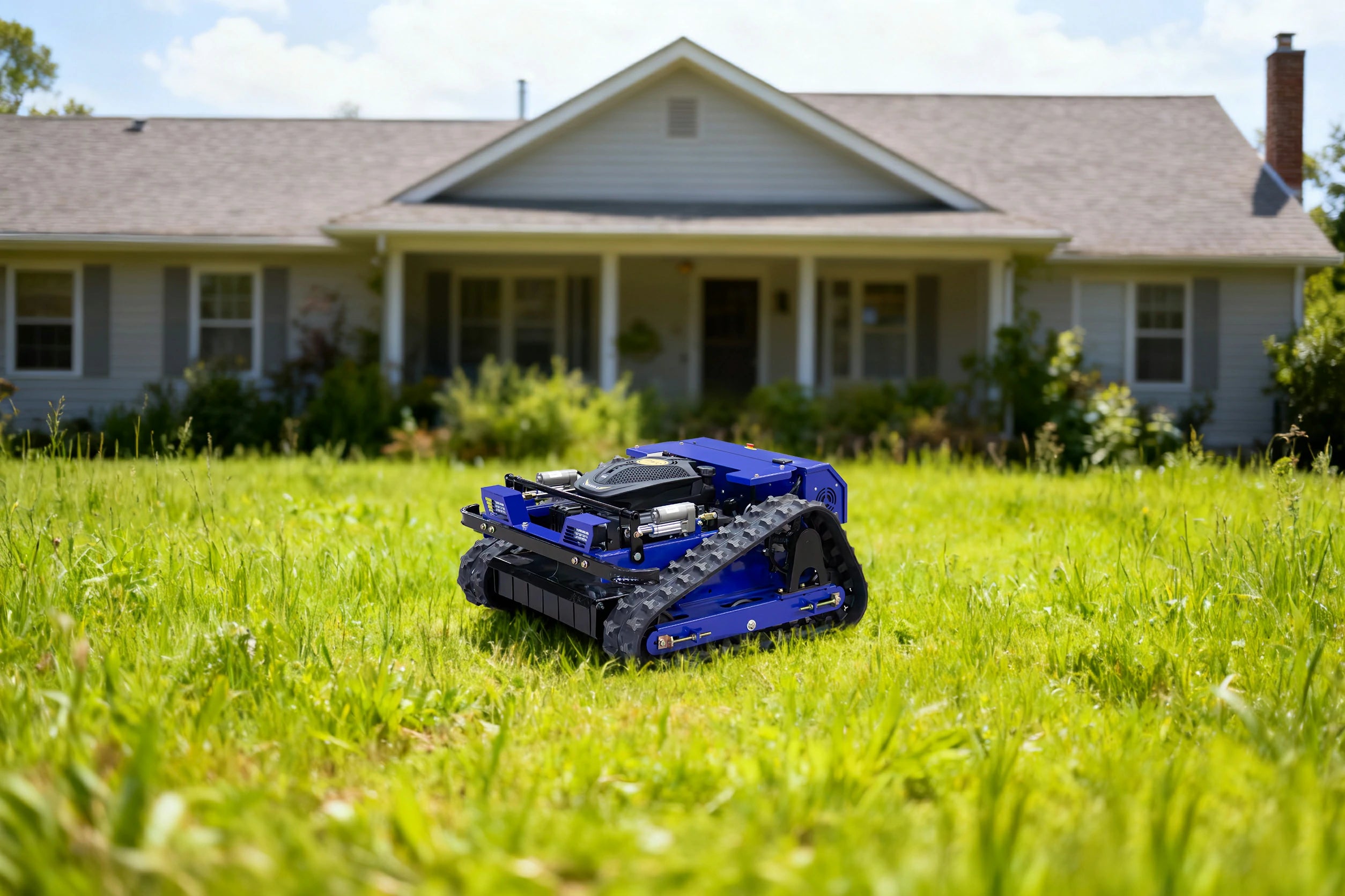 R55 remote controlled lawn mower in summer scene