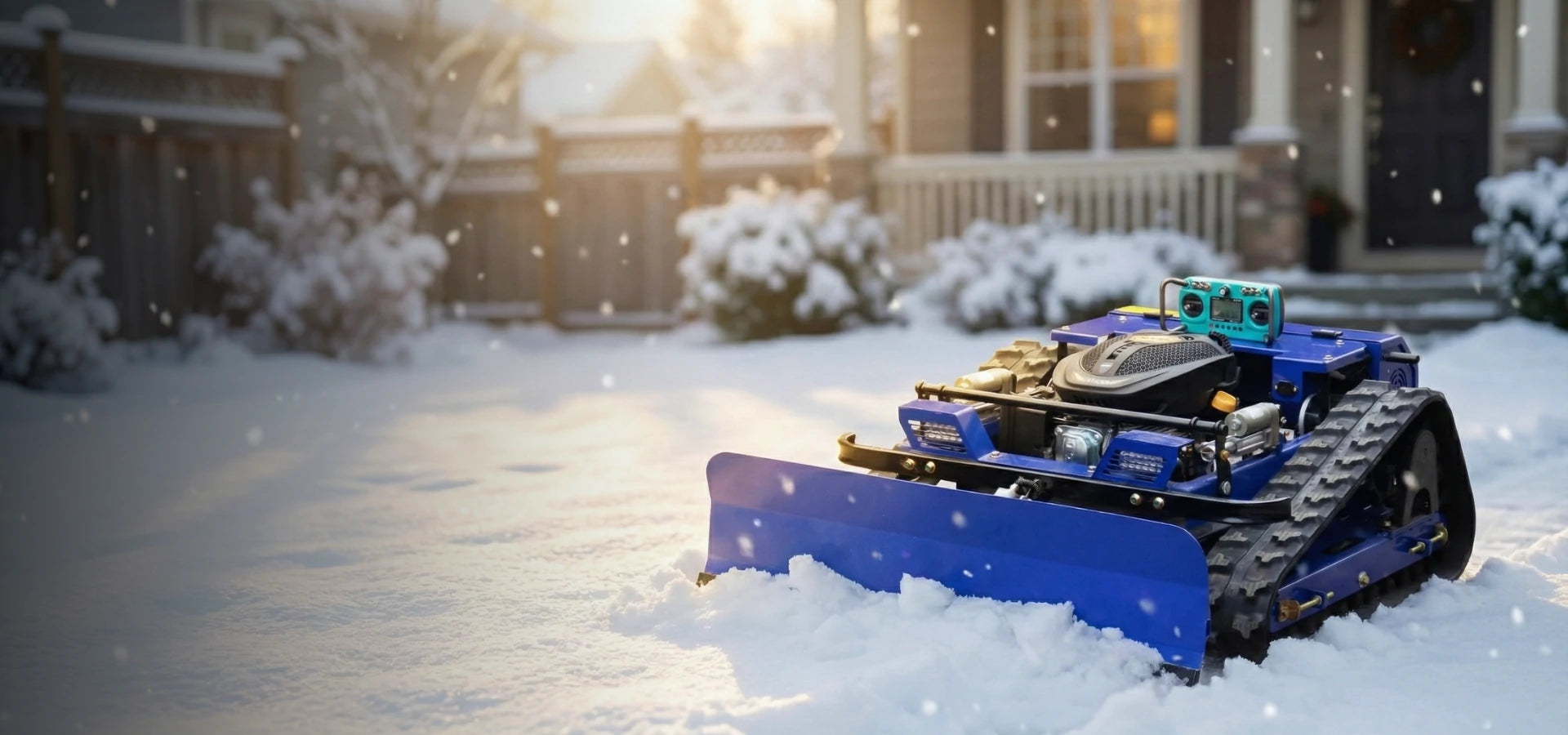 Remote-control R55 brush mower with snow blade working in all-season outdoor terrain.